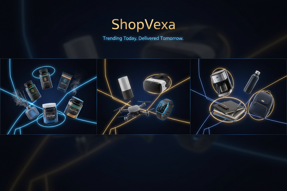 Promotional banner for ShopVexa featuring multiple small product renderings arranged in three panels on a dark blue background with glowing line accents and the ShopVexa logo at the top.