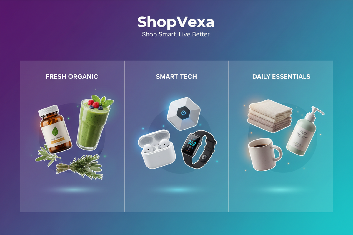A promotional banner for ShopVexa featuring three product categories: Fresh Organic, Smart Tech, and Daily Essentials. The background is a purple-to-teal gradient.